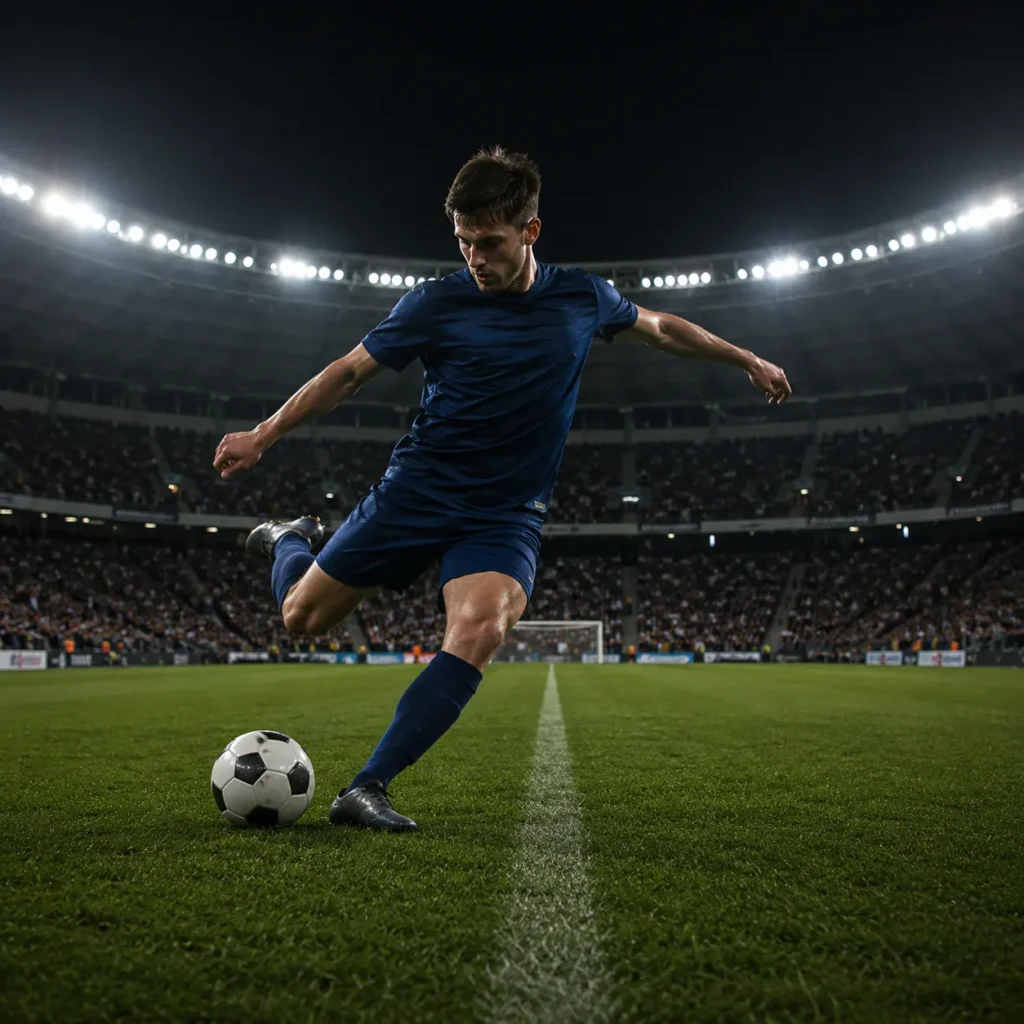 Focused kick under bright stadium lights Focused kick under bright stadium lights